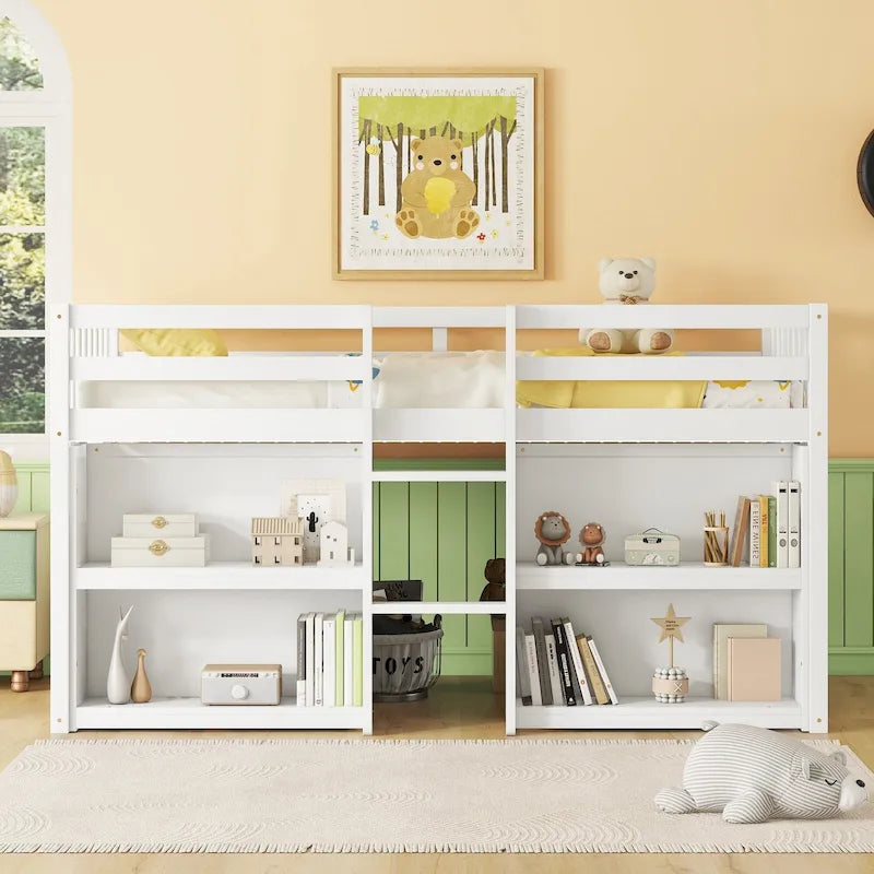 Lit mezzanine bas en bois de taille simple avec étagères à deux niveaux et lumière LED pour enfants, garçons et filles