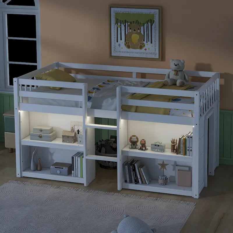Twin Size Wood Low Loft Bed With Two-Tier Shelves and LED Light for Kids, Boys and Girls
