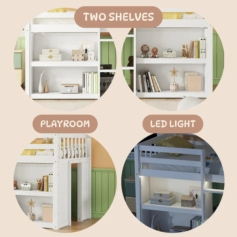 Lit mezzanine bas en bois de taille simple avec étagères à deux niveaux et lumière LED pour enfants, garçons et filles