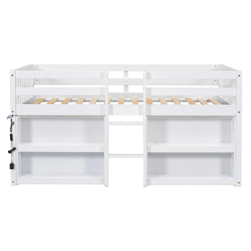 Lit mezzanine bas en bois de taille simple avec étagères à deux niveaux et lumière LED pour enfants, garçons et filles