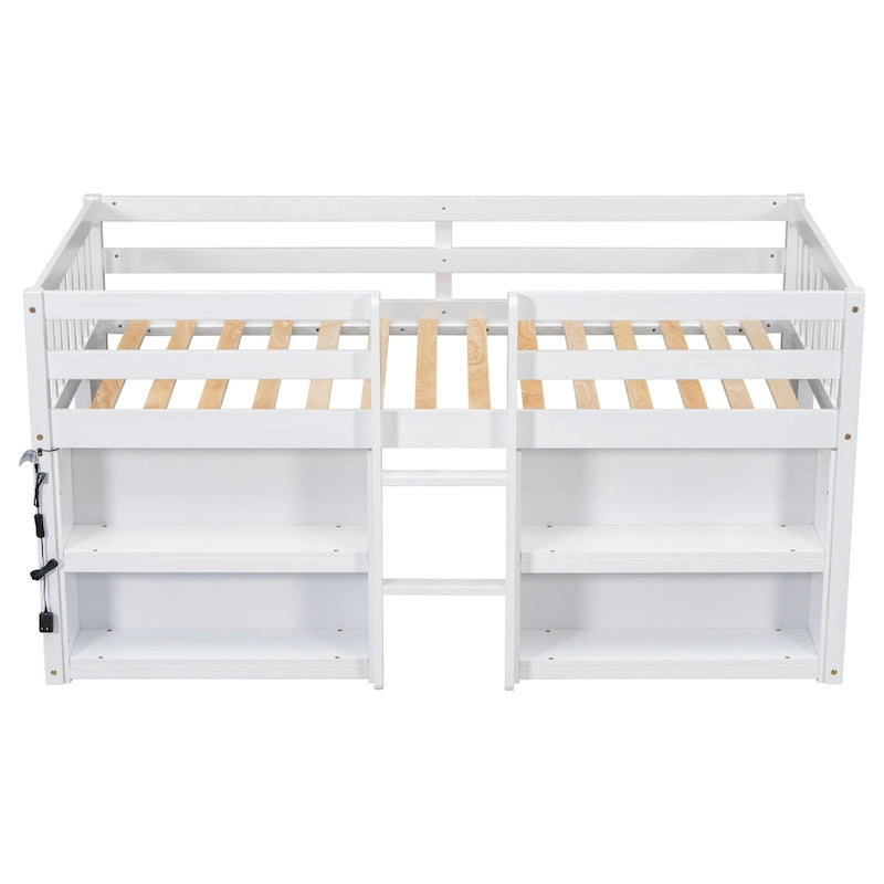 Lit mezzanine bas en bois de taille simple avec étagères à deux niveaux et lumière LED pour enfants, garçons et filles