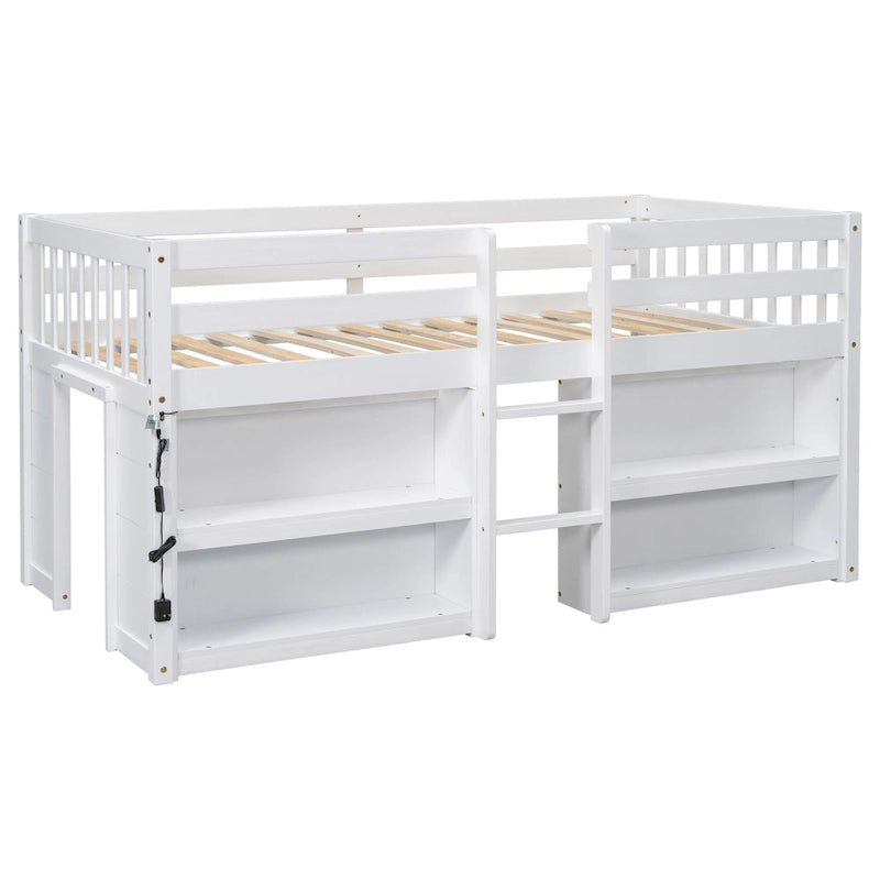 Lit mezzanine bas en bois de taille simple avec étagères à deux niveaux et lumière LED pour enfants, garçons et filles