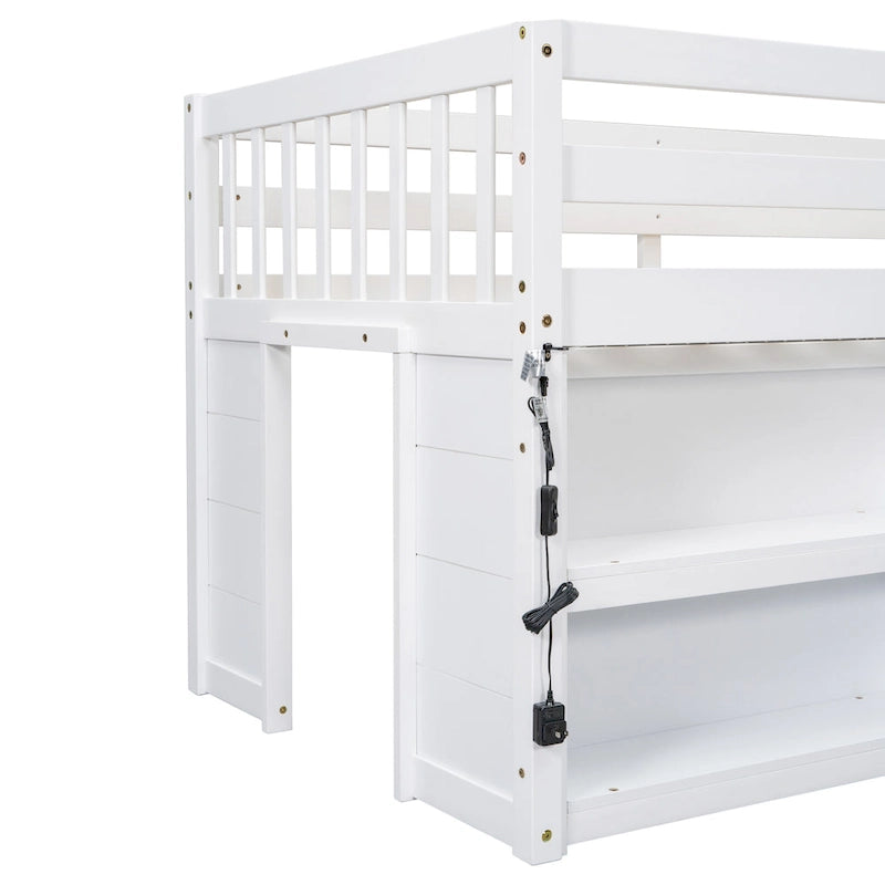 Lit mezzanine bas en bois de taille simple avec étagères à deux niveaux et lumière LED pour enfants, garçons et filles