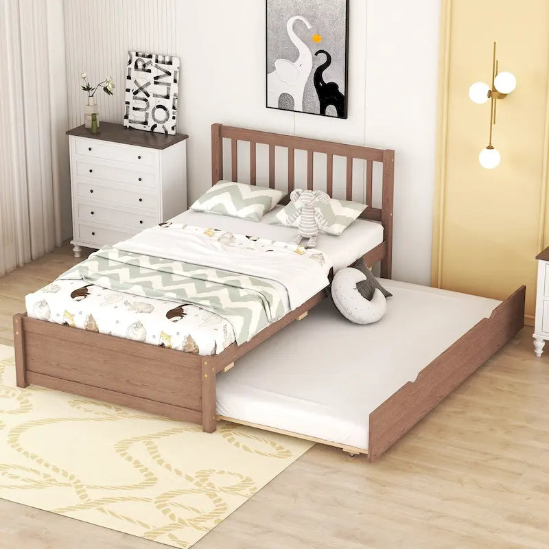 Lit plateforme double en Noyer et Hévéa avec lit gigogne, design moderne, pas besoin de sommier tapissier