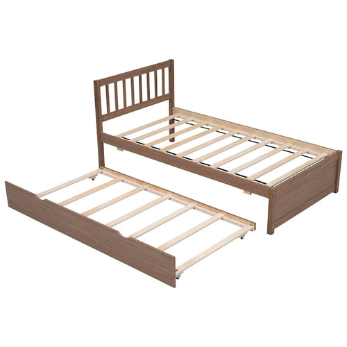 Lit plateforme double en Noyer et Hévéa avec lit gigogne, design moderne, pas besoin de sommier tapissier
