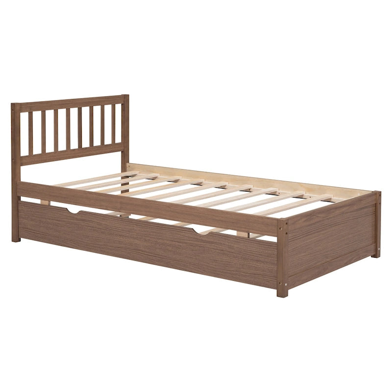 Lit plateforme double en Noyer et Hévéa avec lit gigogne, design moderne, pas besoin de sommier tapissier