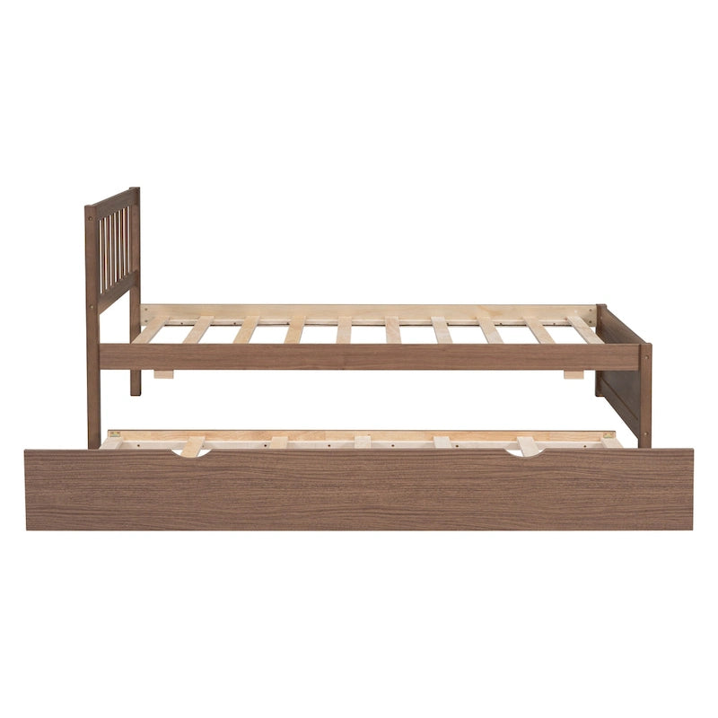 Lit plateforme double en Noyer et Hévéa avec lit gigogne, design moderne, pas besoin de sommier tapissier
