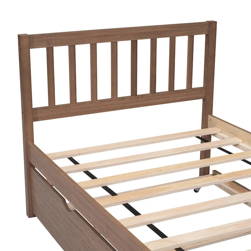Lit plateforme double en Noyer et Hévéa avec lit gigogne, design moderne, pas besoin de sommier tapissier