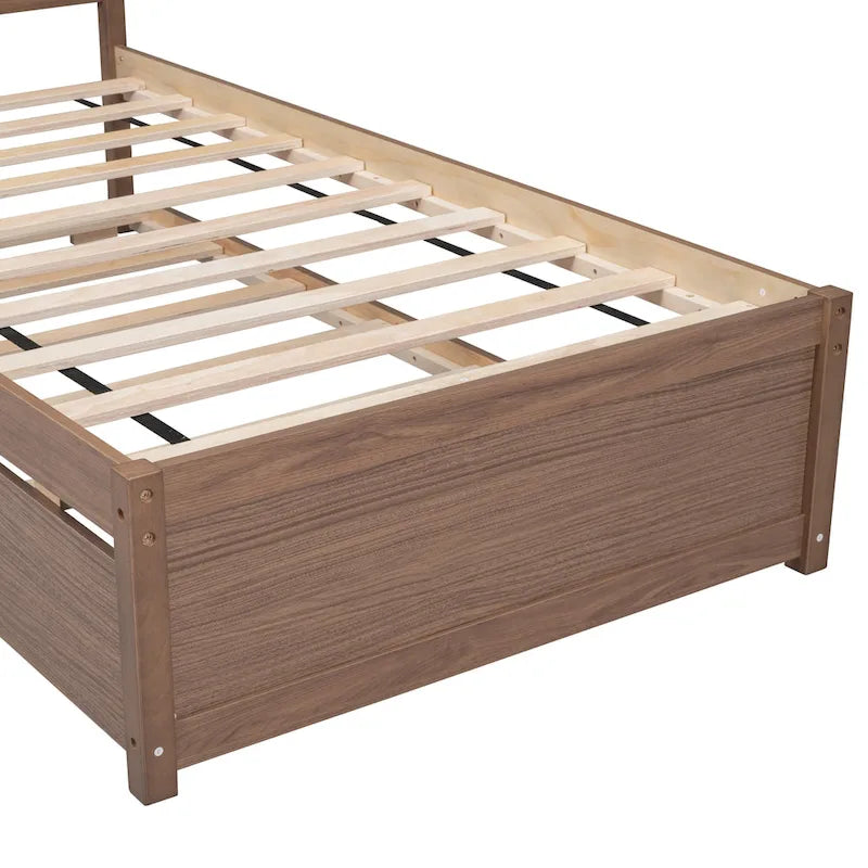 Lit plateforme double en Noyer et Hévéa avec lit gigogne, design moderne, pas besoin de sommier tapissier