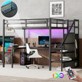 Lit mezzanine noir en métal de taille Full XL avec bureau en L et USB, armoire et étagère réglable, LED pour enfants, adolescents, adultes