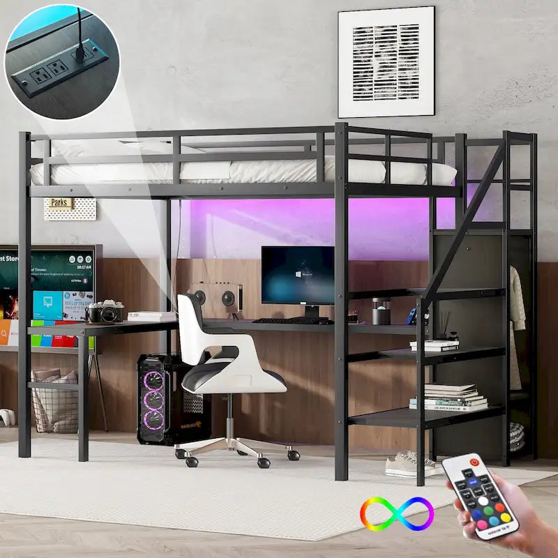 Lit mezzanine noir en métal de taille Full XL avec bureau en L et USB, armoire et étagère réglable, LED pour enfants, adolescents, adultes