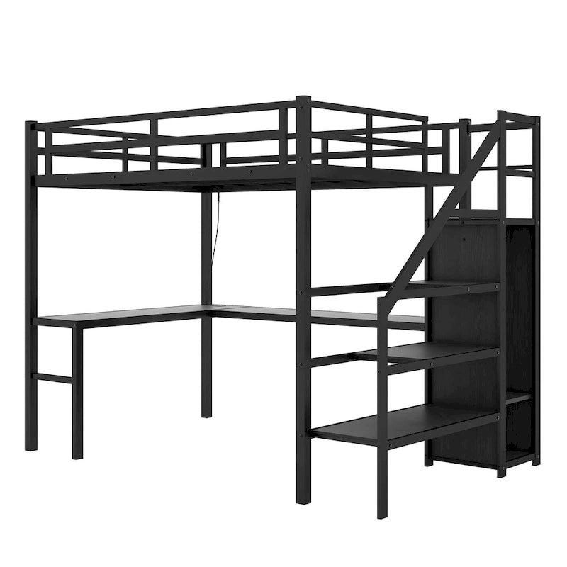 Lit mezzanine noir en métal de taille Full XL avec bureau en L et USB, armoire et étagère réglable, LED pour enfants, adolescents, adultes