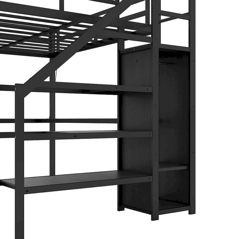Lit mezzanine noir en métal de taille Full XL avec bureau en L et USB, armoire et étagère réglable, LED pour enfants, adolescents, adultes