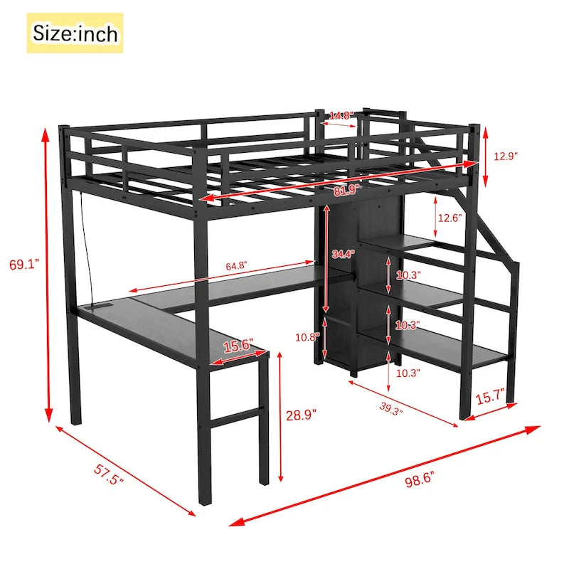 Lit mezzanine noir en métal de taille Full XL avec bureau en L et USB, armoire et étagère réglable, LED pour enfants, adolescents, adultes