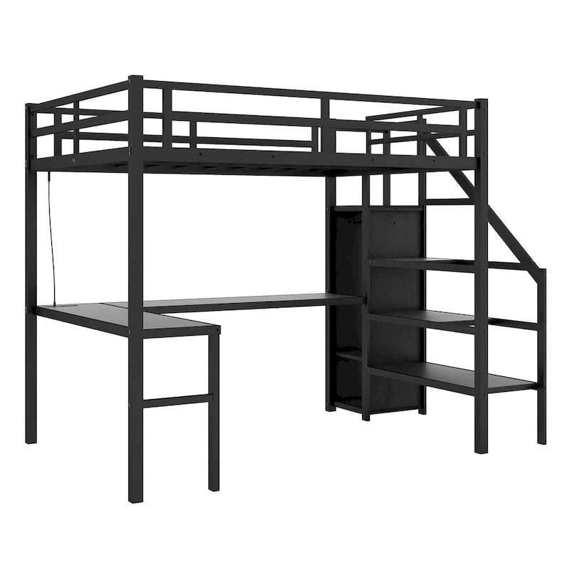 Lit mezzanine noir en métal de taille Full XL avec bureau en L et USB, armoire et étagère réglable, LED pour enfants, adolescents, adultes