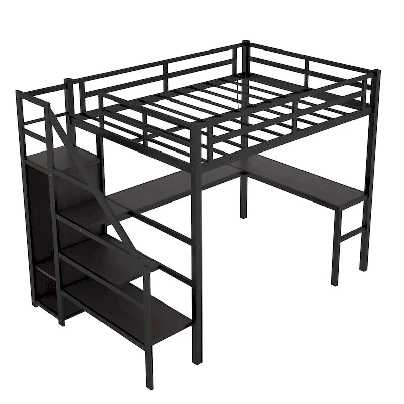 Lit mezzanine noir en métal de taille Full XL avec bureau en L et USB, armoire et étagère réglable, LED pour enfants, adolescents, adultes