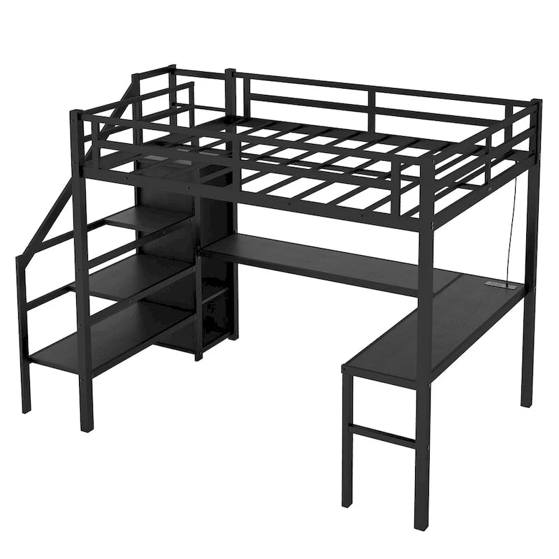 Lit mezzanine noir en métal de taille Full XL avec bureau en L et USB, armoire et étagère réglable, LED pour enfants, adolescents, adultes