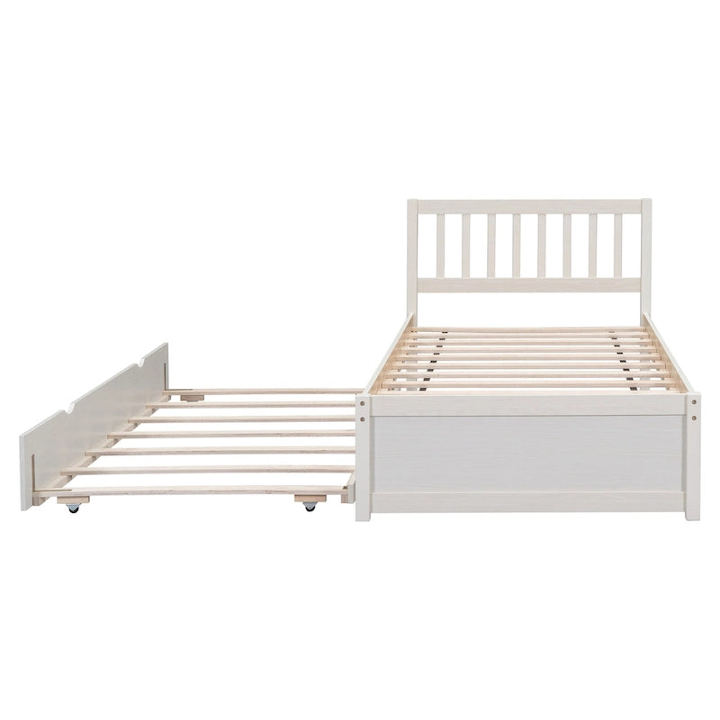 Lit plateforme double en bois d'hévéa et noyer blanc avec lit gigogne, design épuré, pas besoin de sommier tapissier