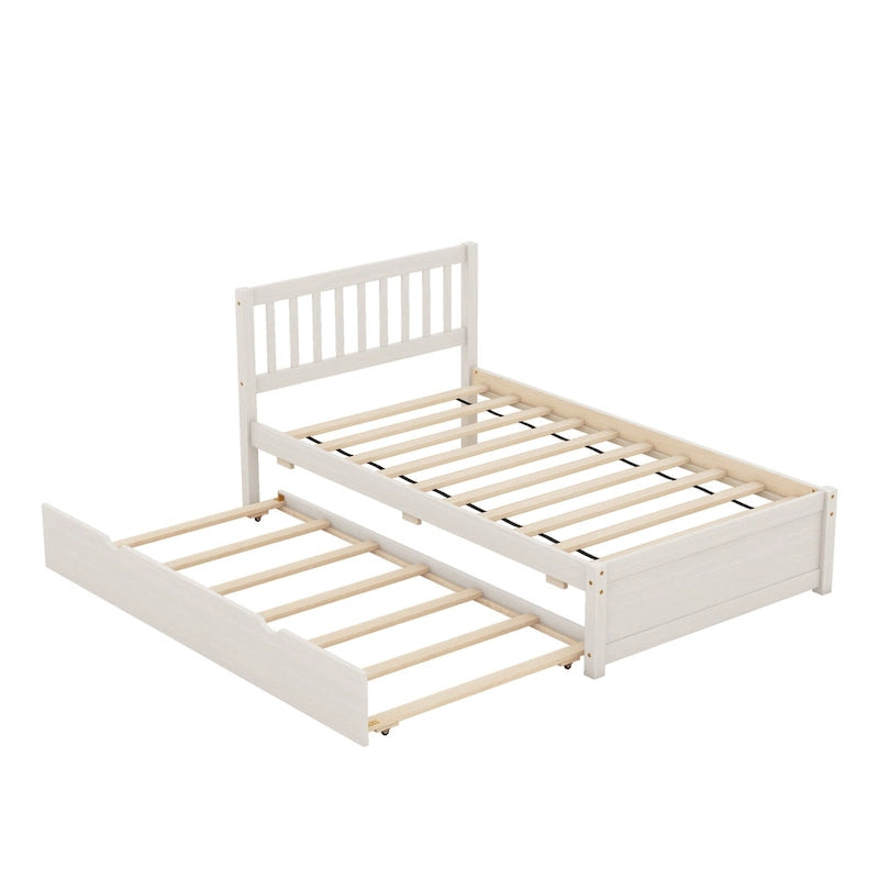 Lit plateforme double en bois d'hévéa et noyer blanc avec lit gigogne, design épuré, pas besoin de sommier tapissier