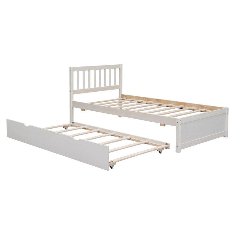Lit plateforme double en bois d'hévéa et noyer blanc avec lit gigogne, design épuré, pas besoin de sommier tapissier