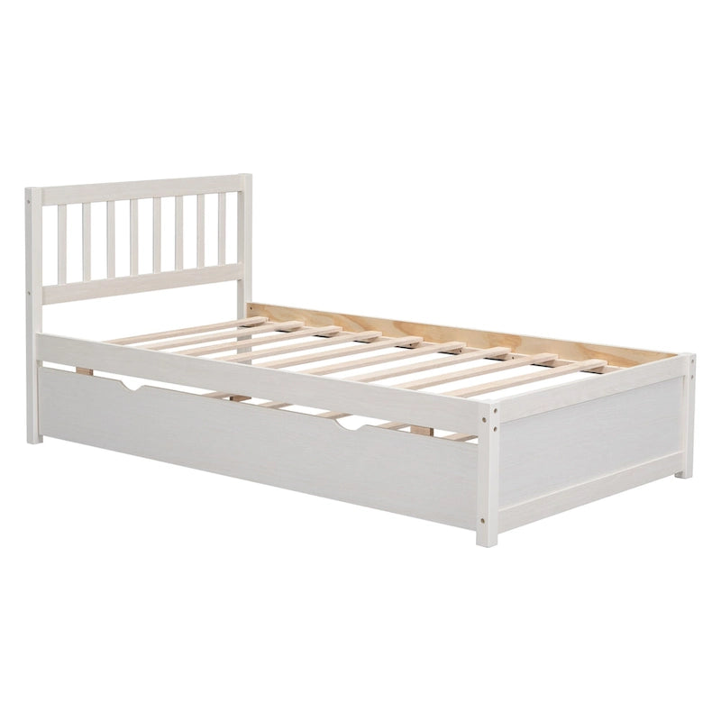 Lit plateforme double en bois d'hévéa et noyer blanc avec lit gigogne, design épuré, pas besoin de sommier tapissier