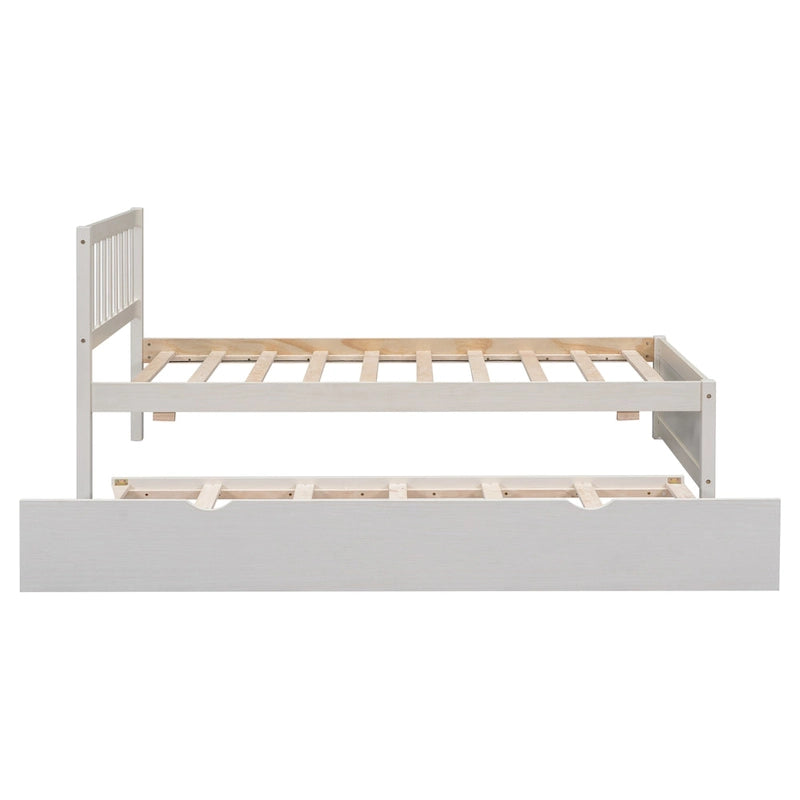 Lit plateforme double en bois d'hévéa et noyer blanc avec lit gigogne, design épuré, pas besoin de sommier tapissier