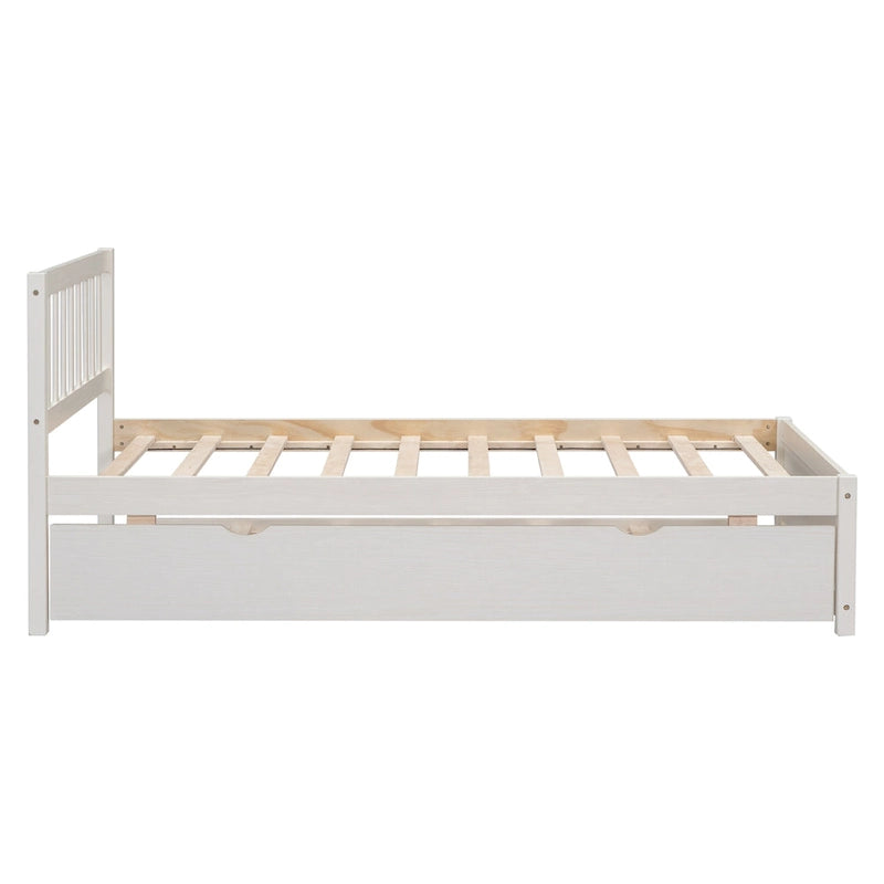 Lit plateforme double en bois d'hévéa et noyer blanc avec lit gigogne, design épuré, pas besoin de sommier tapissier