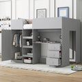 Lit mezzanine pleine taille en bois massif gris avec armoire, bureau et étagères
