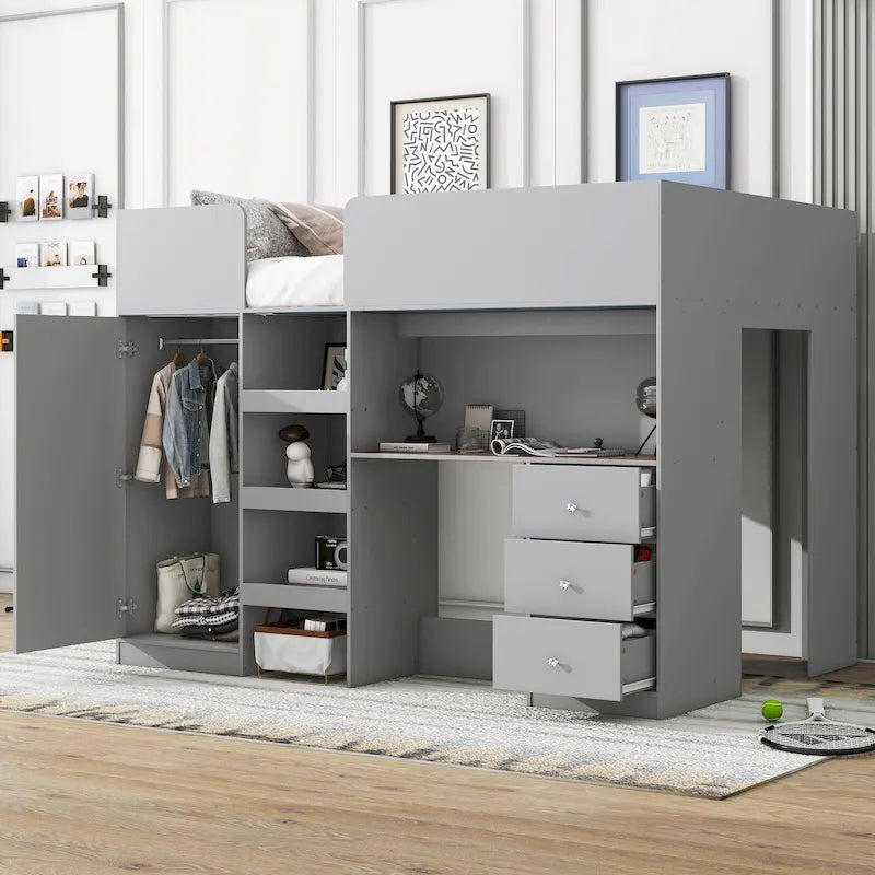 Lit mezzanine pleine taille en bois massif gris avec armoire, bureau et étagères