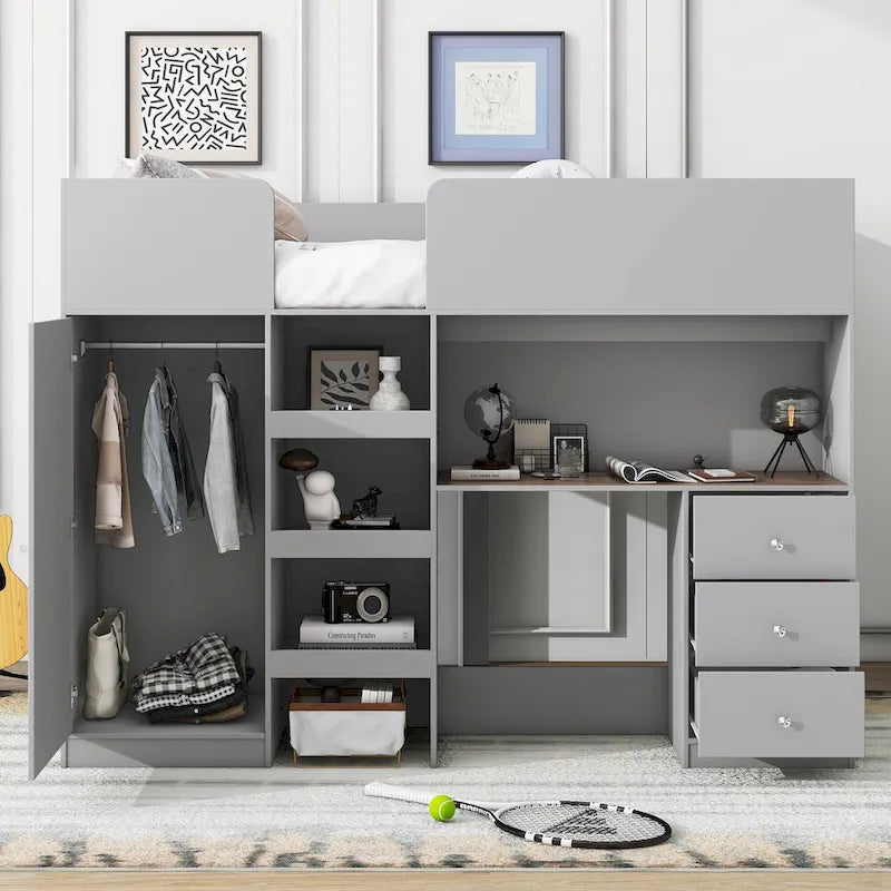 Lit mezzanine pleine taille en bois massif gris avec armoire, bureau et étagères