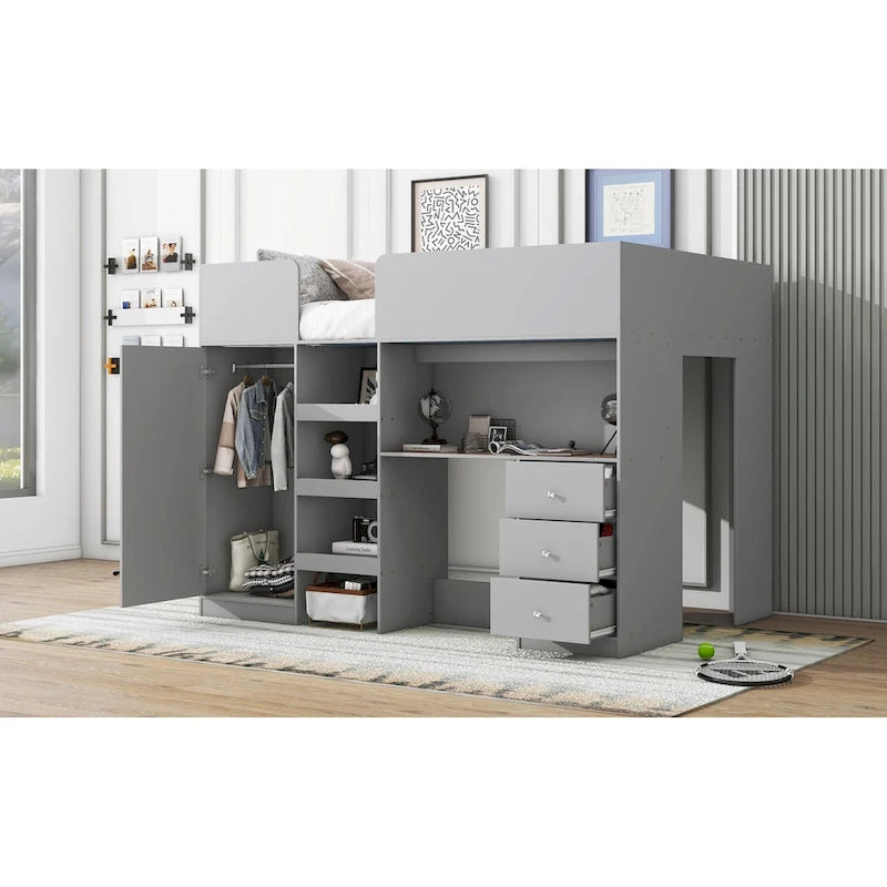 Lit mezzanine pleine taille en bois massif gris avec armoire, bureau et étagères