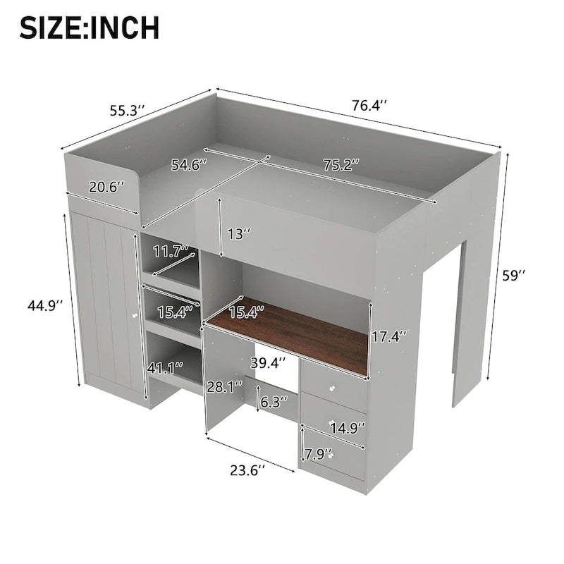 Lit mezzanine pleine taille en bois massif gris avec armoire, bureau et étagères