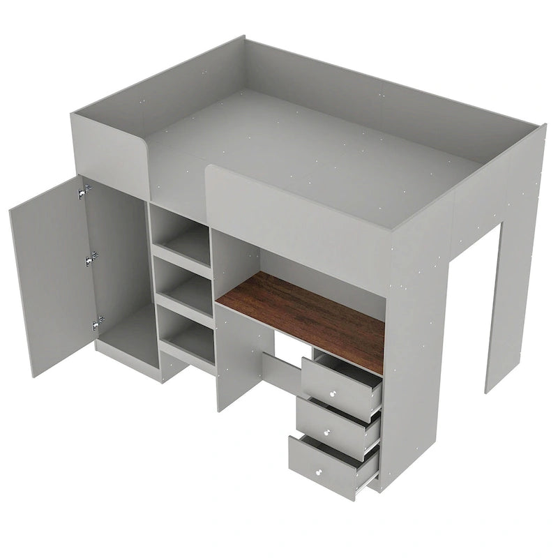Lit mezzanine pleine taille en bois massif gris avec armoire, bureau et étagères