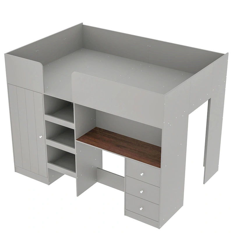 Lit mezzanine pleine taille en bois massif gris avec armoire, bureau et étagères