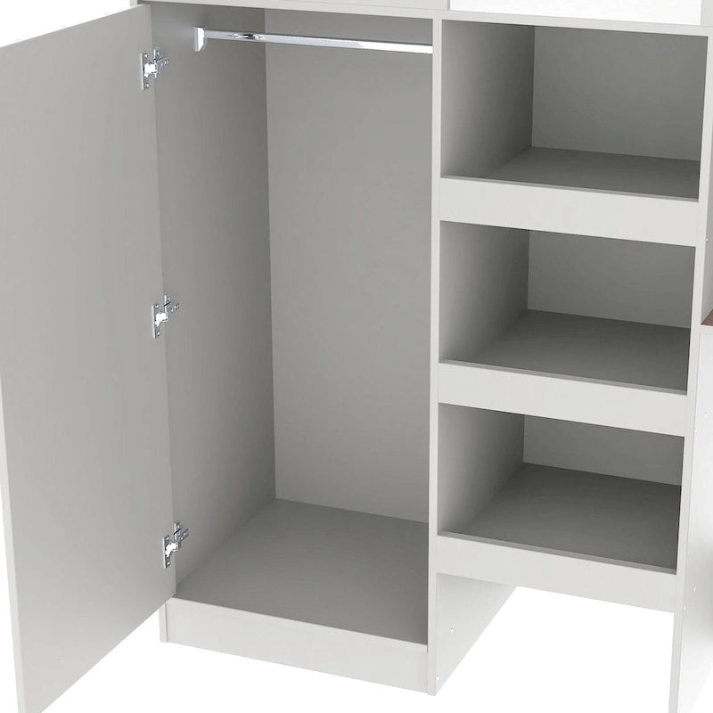 Lit mezzanine pleine taille en bois massif gris avec armoire, bureau et étagères