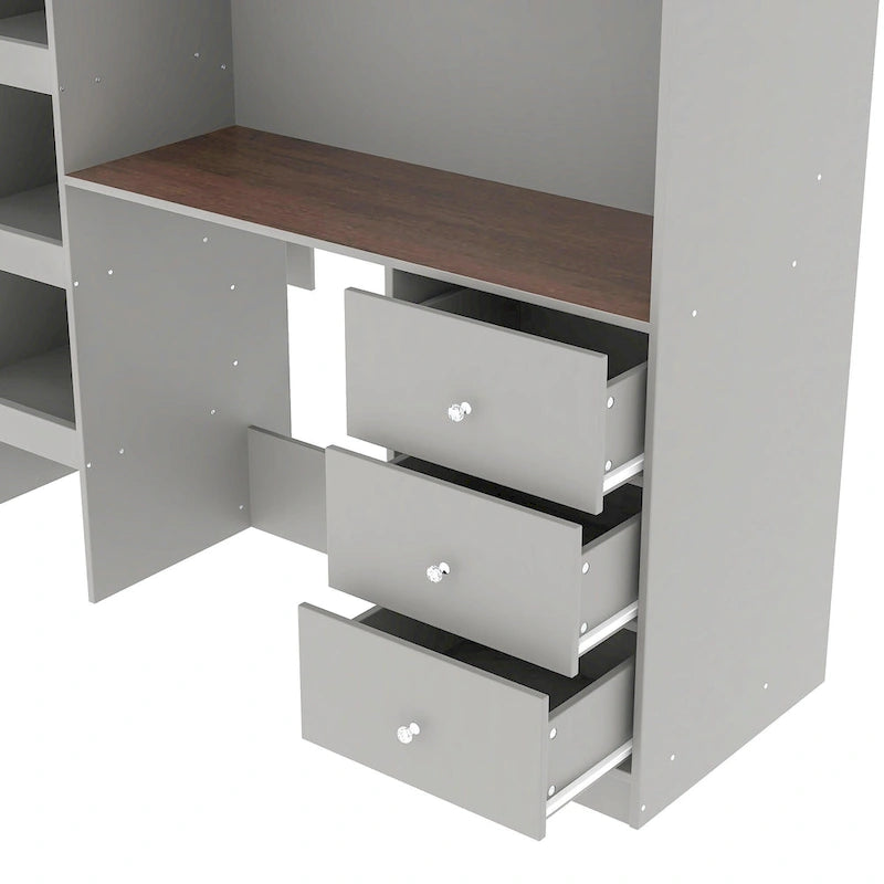 Lit mezzanine pleine taille en bois massif gris avec armoire, bureau et étagères