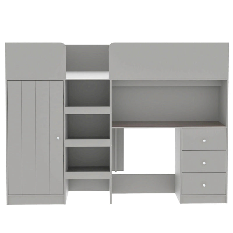 Lit mezzanine pleine taille en bois massif gris avec armoire, bureau et étagères