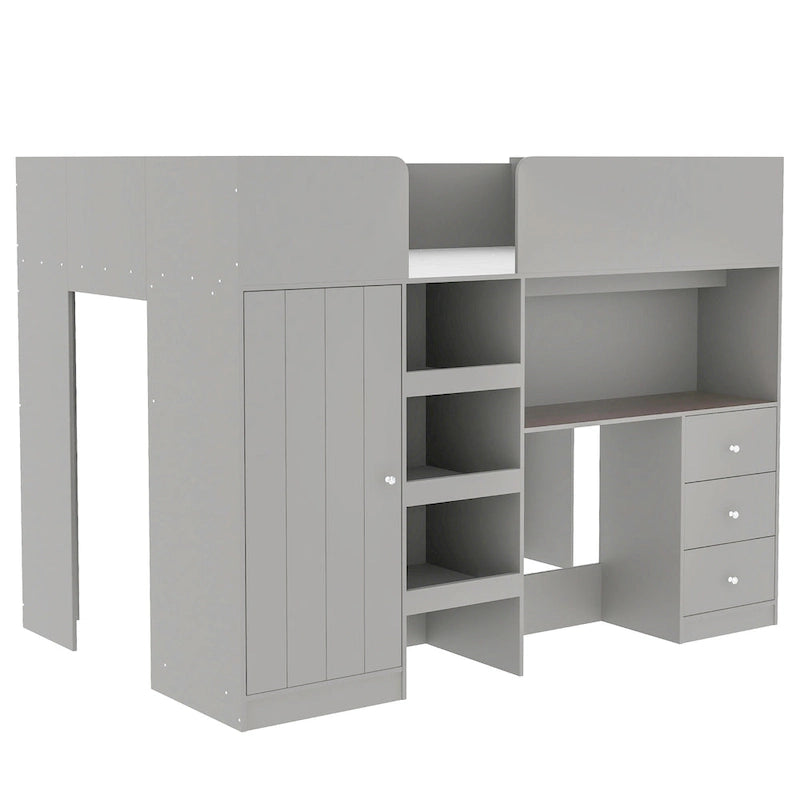 Lit mezzanine pleine taille en bois massif gris avec armoire, bureau et étagères