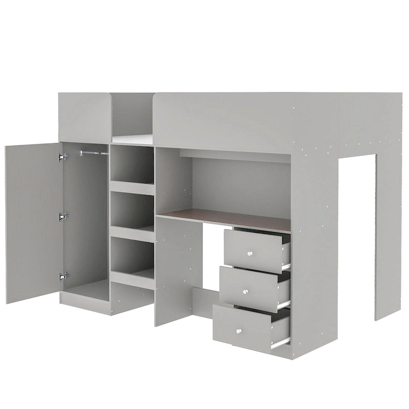 Lit mezzanine pleine taille en bois massif gris avec armoire, bureau et étagères