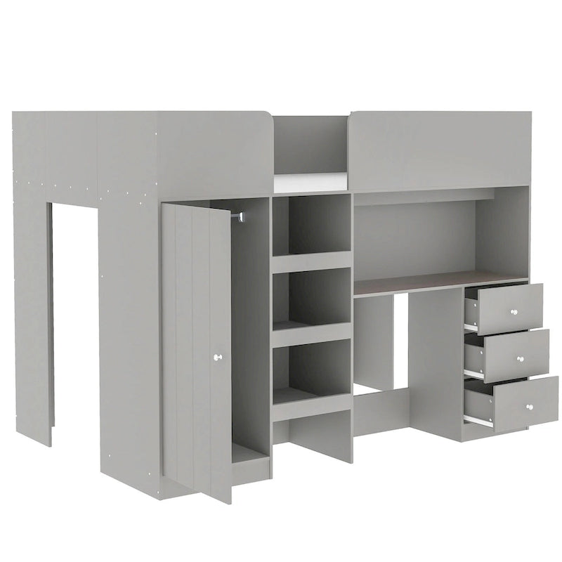 Lit mezzanine pleine taille en bois massif gris avec armoire, bureau et étagères