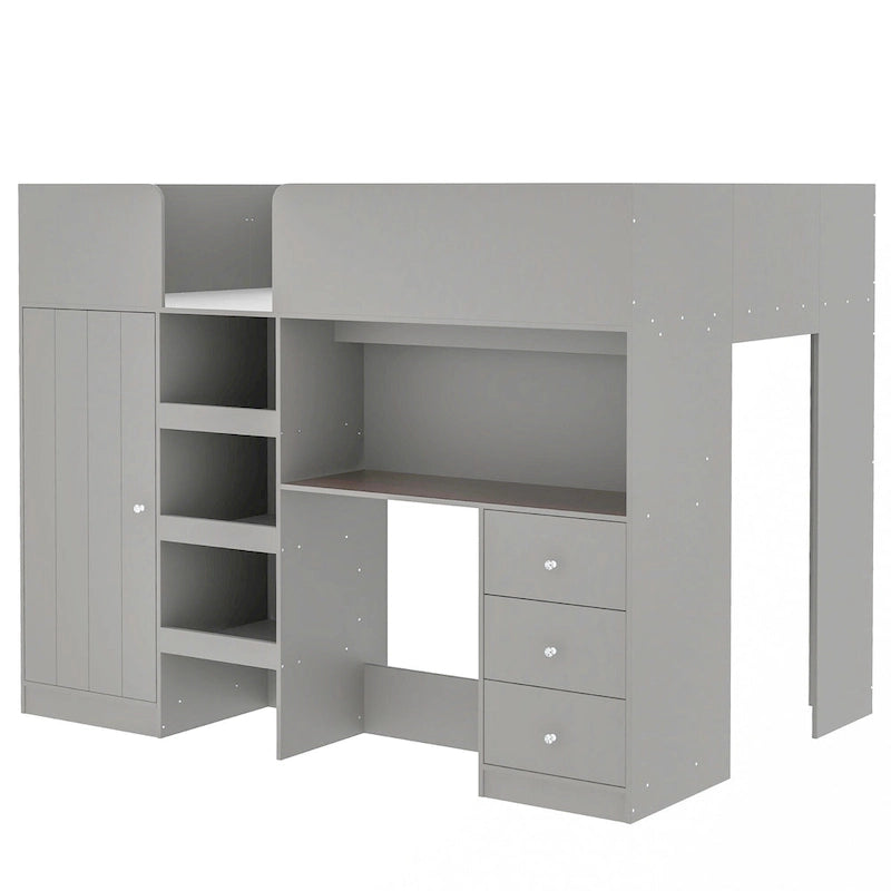 Lit mezzanine pleine taille en bois massif gris avec armoire, bureau et étagères