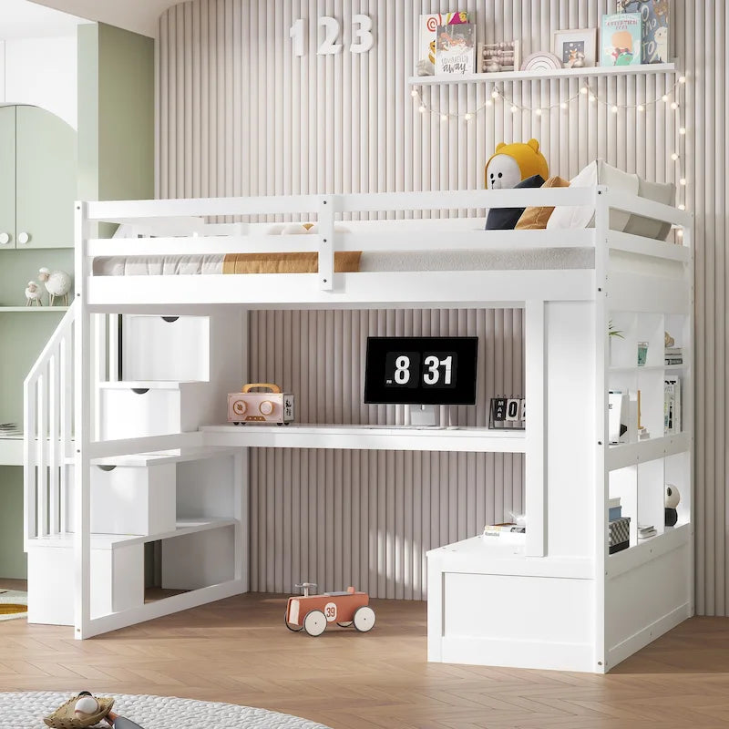 Lit mezzanine blanc en bois massif pleine grandeur avec bureau, étagères et tiroirs