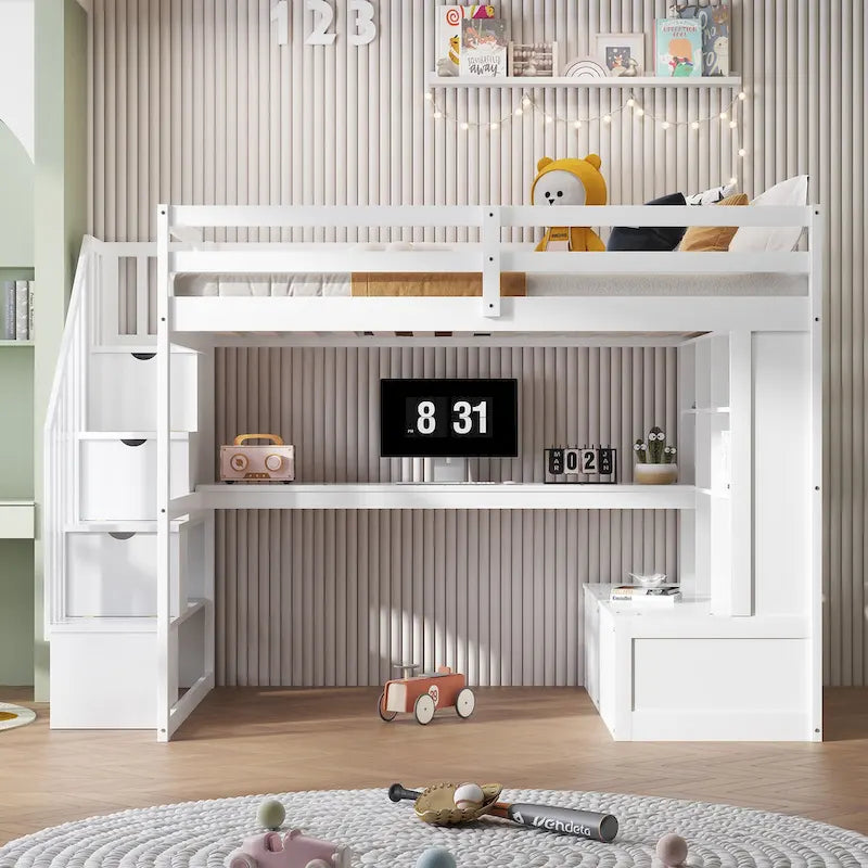 Lit mezzanine blanc en bois massif pleine grandeur avec bureau, étagères et tiroirs
