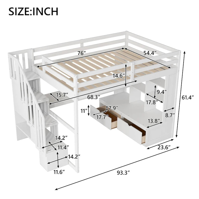Lit mezzanine blanc en bois massif pleine grandeur avec bureau, étagères et tiroirs
