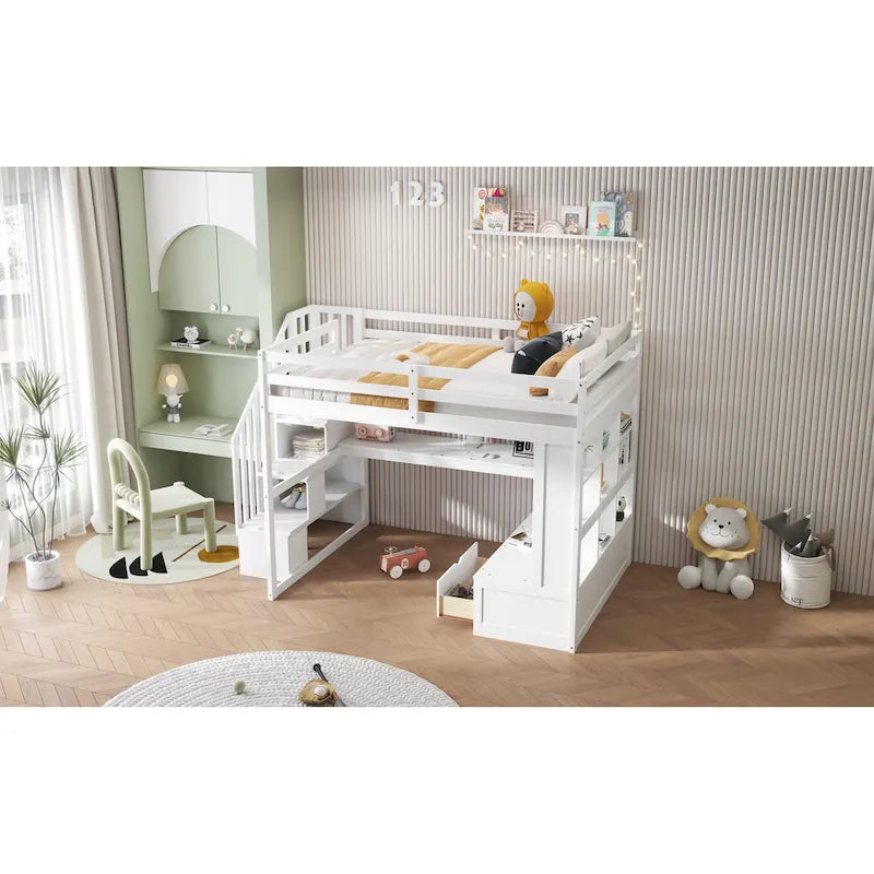 Lit mezzanine blanc en bois massif pleine grandeur avec bureau, étagères et tiroirs
