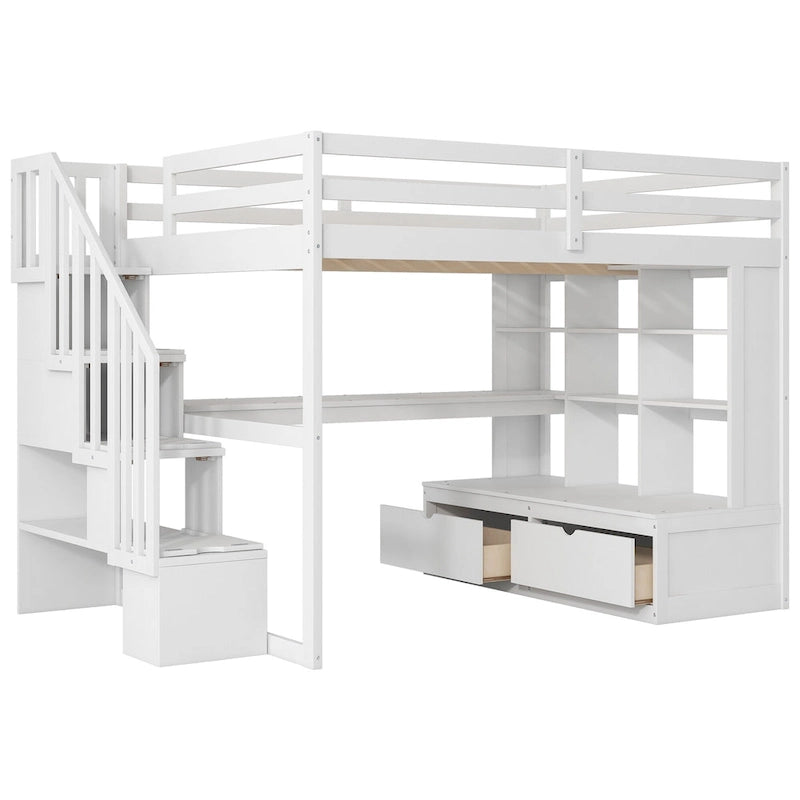Lit mezzanine blanc en bois massif pleine grandeur avec bureau, étagères et tiroirs