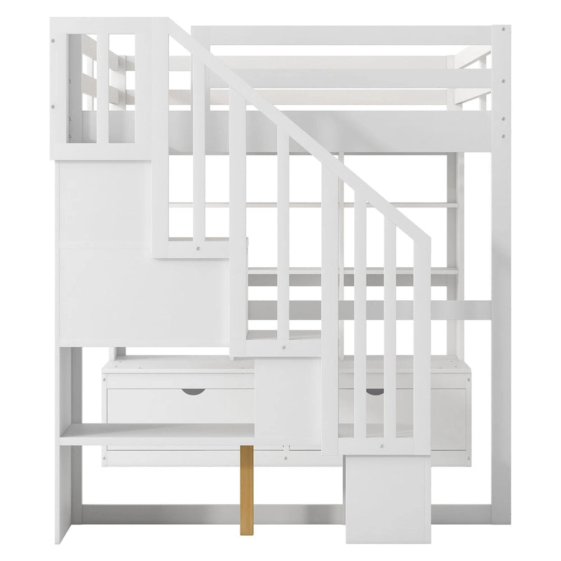 Lit mezzanine blanc en bois massif pleine grandeur avec bureau, étagères et tiroirs