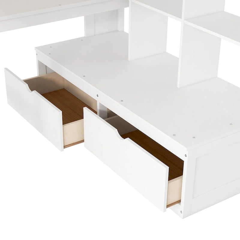 Lit mezzanine blanc en bois massif pleine grandeur avec bureau, étagères et tiroirs