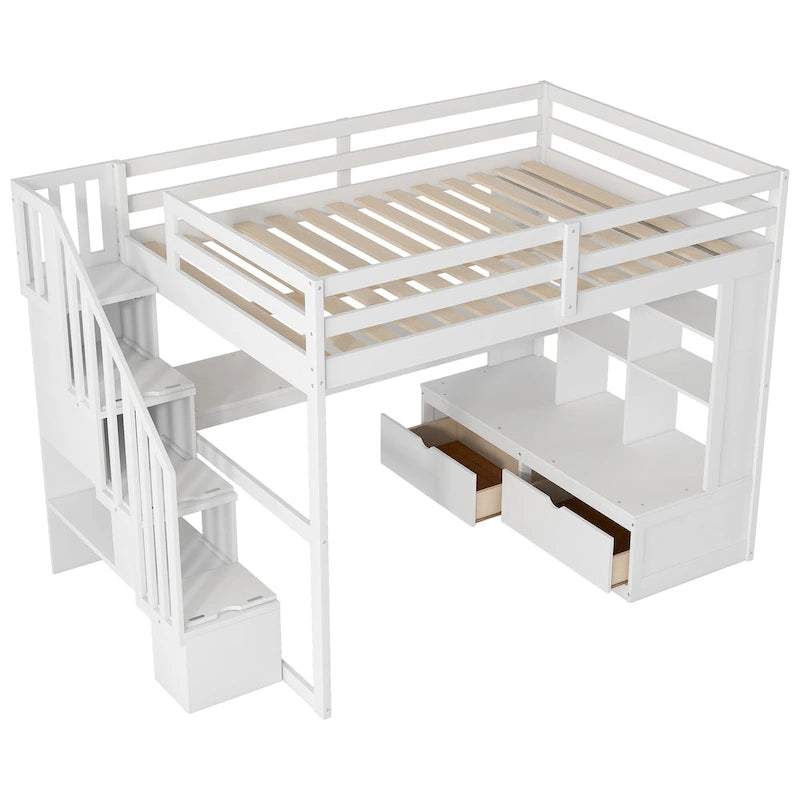Lit mezzanine blanc en bois massif pleine grandeur avec bureau, étagères et tiroirs