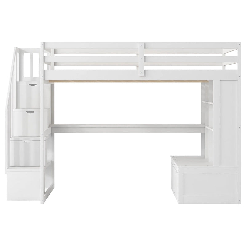 Lit mezzanine blanc en bois massif pleine grandeur avec bureau, étagères et tiroirs